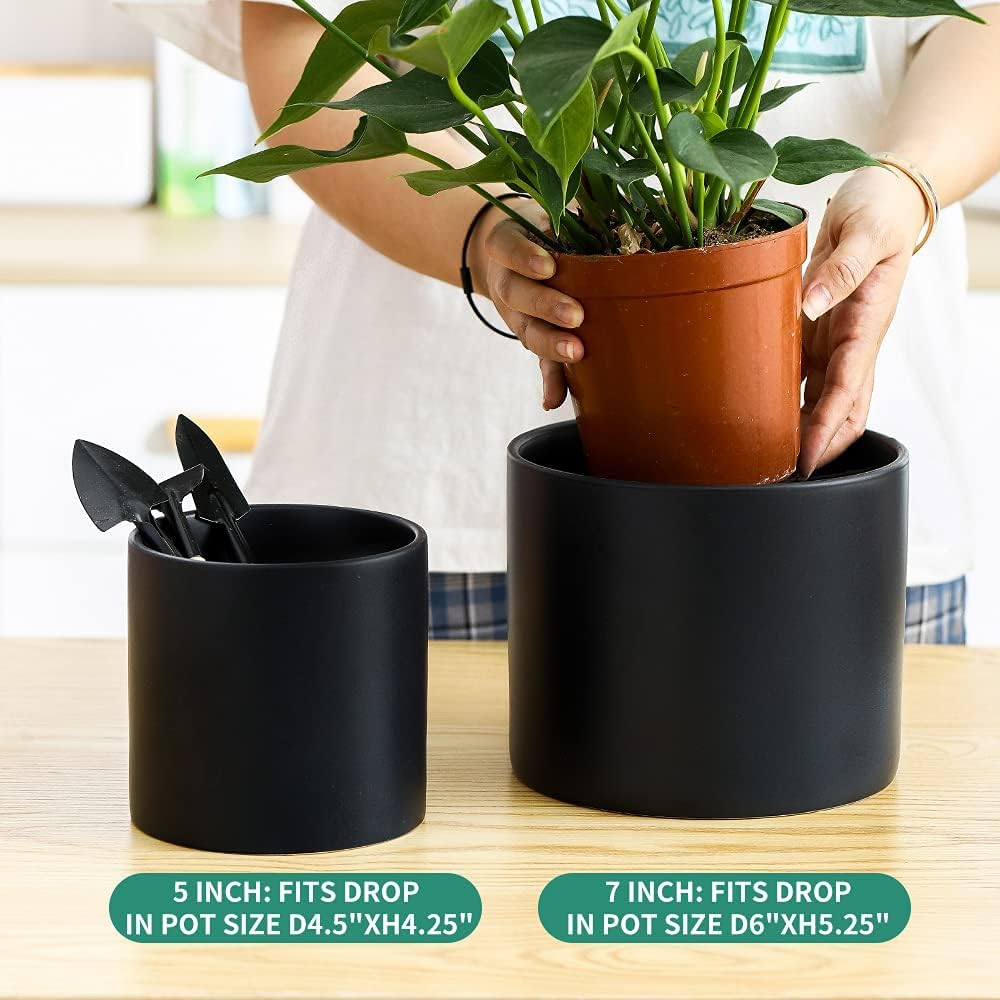 Nihow Ceramic Plant Pots with Drainage for Indoor Plants, 5 & 7 Inch,Black | Cylinder Shape, For Indoor Plants