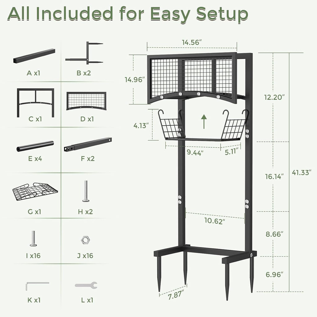 Garden Hose Holder Freestanding with Storage Basket, Holds Up to 165FT Hose, Heavy Duty Metal Water Hose Holder with 4