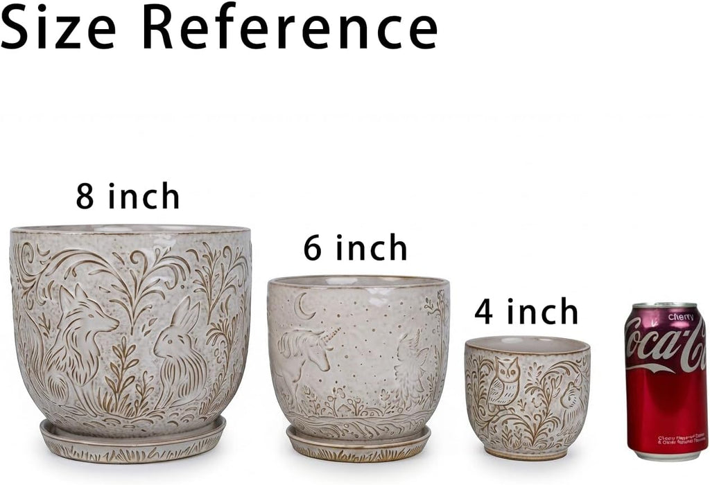 Decorative Ceramic Planter Pot with Saucer, Brown with Gold and Silver Owl Pattern, Indoor Garden Container with