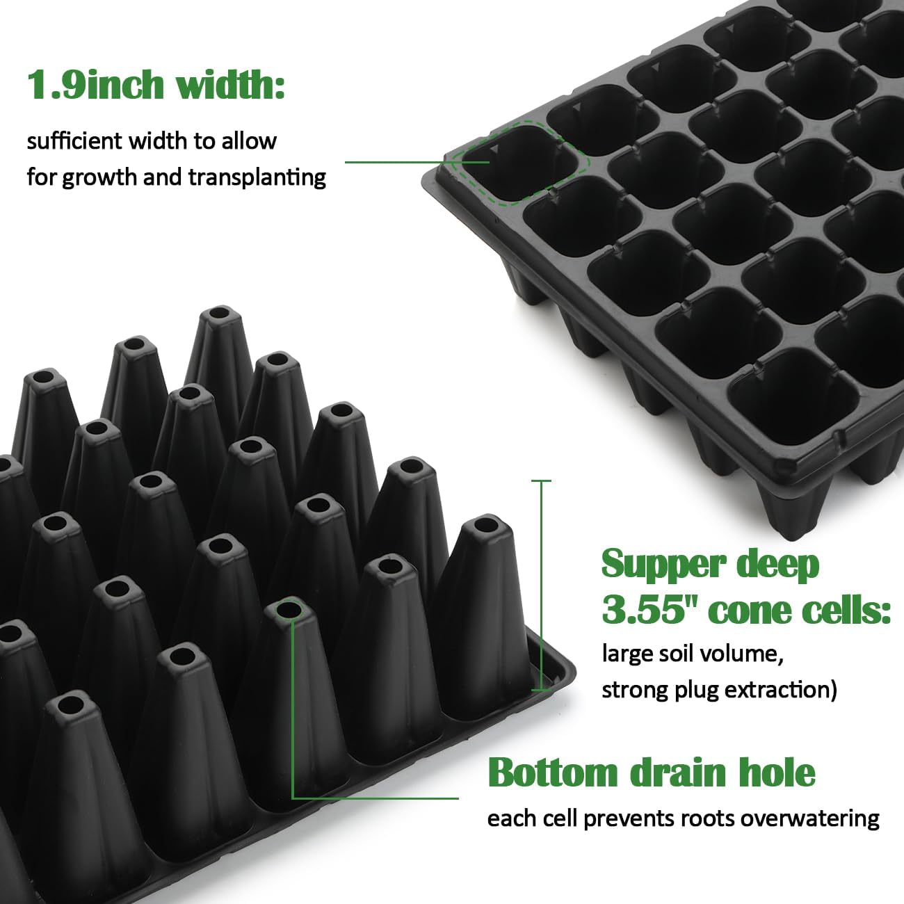 RooTrimmer 50-Pack Extra-Deep 50 Cell Seed Starter Trays, 3.55" Cone-Shaped Plug Trays for 1020 Flats, Heavy-Duty