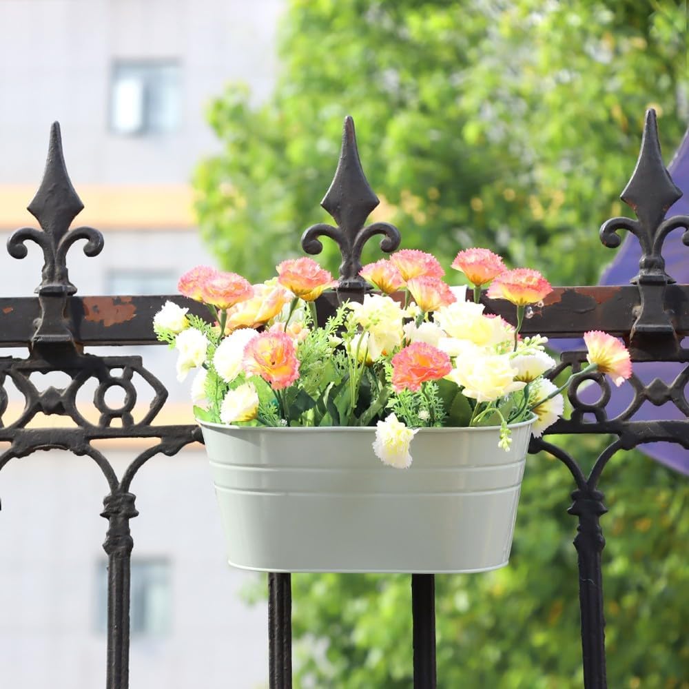 3 Pack Metal Railing Planters, 10.5" Oval Hanging Flower Pots with Detachable Hooks & Drainage Holes, Fits Rails up to