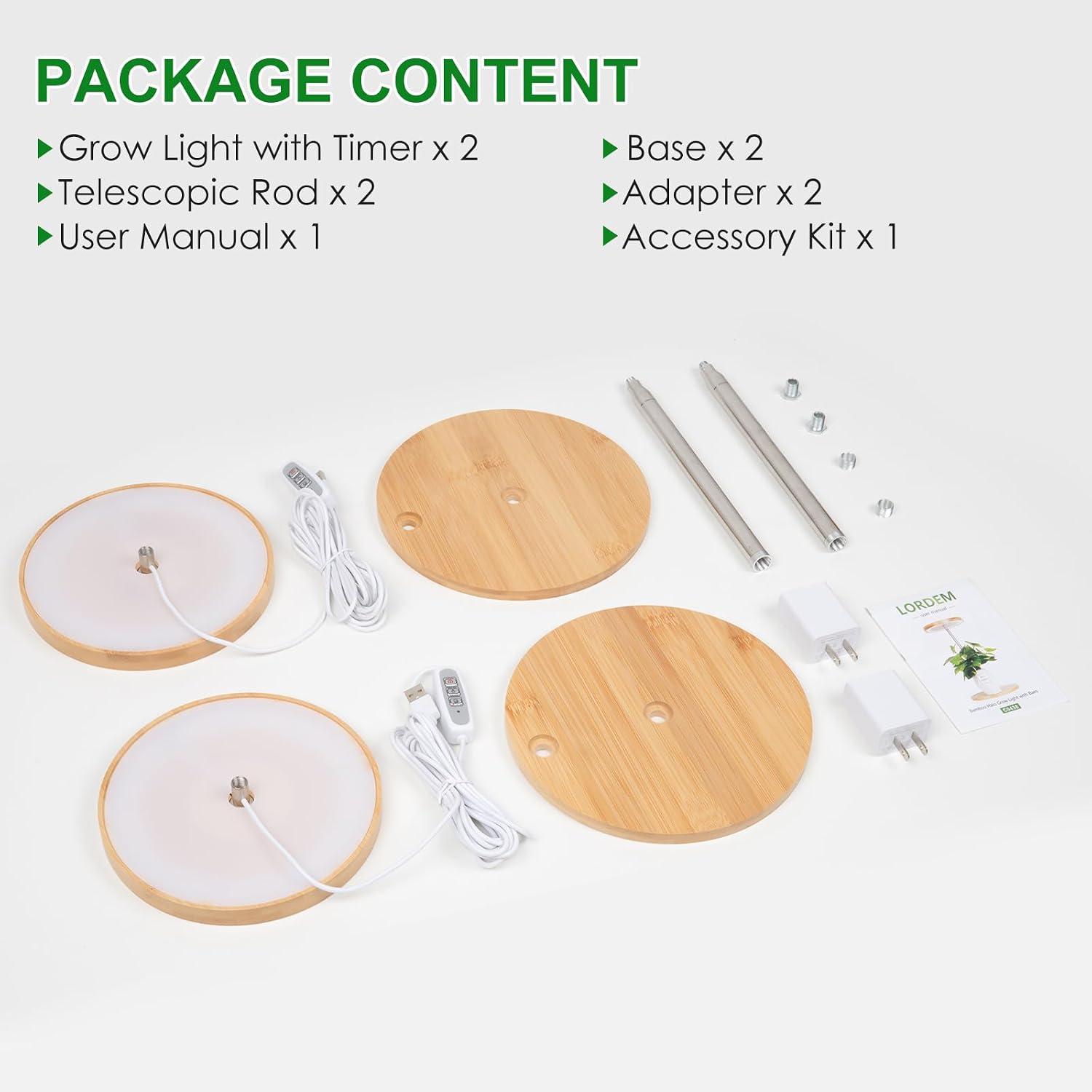 LORDEM Grow Lights for Indoor Plants with Base, Bamboo Design, Timer | 72 LEDs Full Spectrum Plant Lights, 4 Brightness
