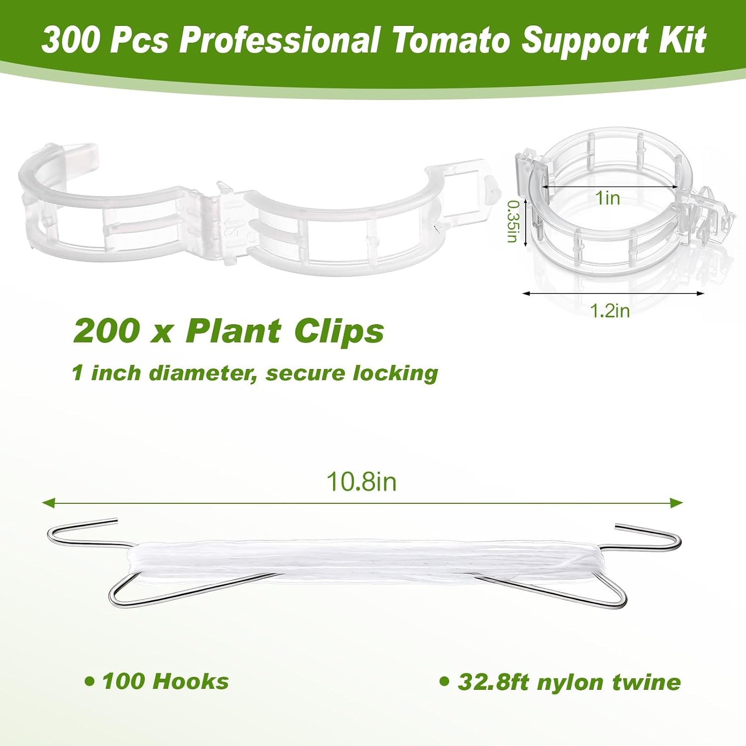 Hushee 100 Pack Tomato Hooks with 200 Garden Clips & 32.8ft String, Tomato Hooks for Climbing Plants, Heavy Duty Plant