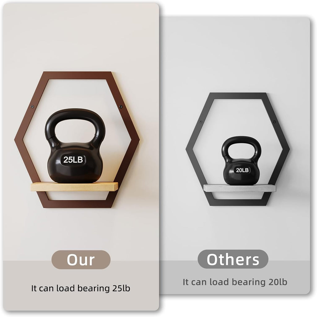 3 Pack Hexagon Wall Plant Stands, 9 Inch Wood Shelf, Coffee | Soild Wood,Metal Framework,Wall Plant Stand,Natural Wood