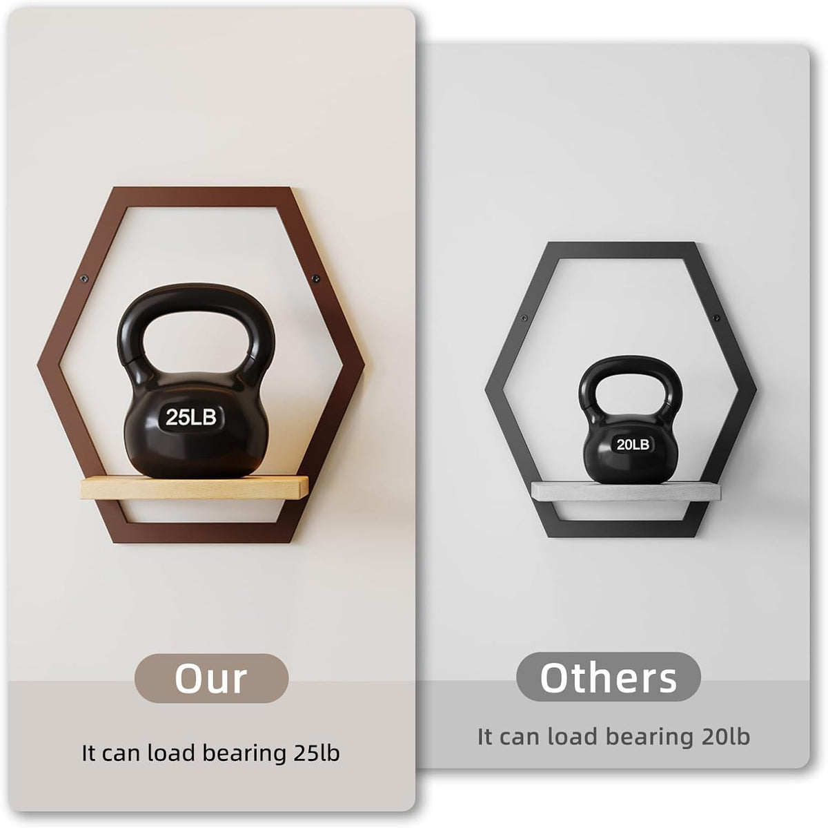 3 Pack Hexagon Wall Plant Stands, 9 Inch Wood Shelf, Coffee | Soild Wood,Metal Framework,Wall Plant Stand,Natural Wood