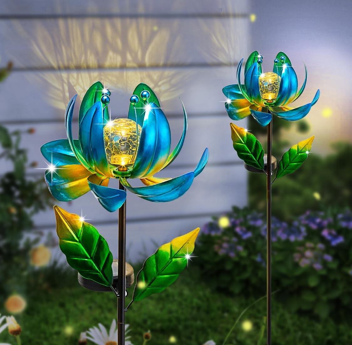 Solar Yard Lights Wind Spinners- Metal Lotus Flower Garden Decor LED Crackle Glass Globe Yard Art Sculpture Solar Stake