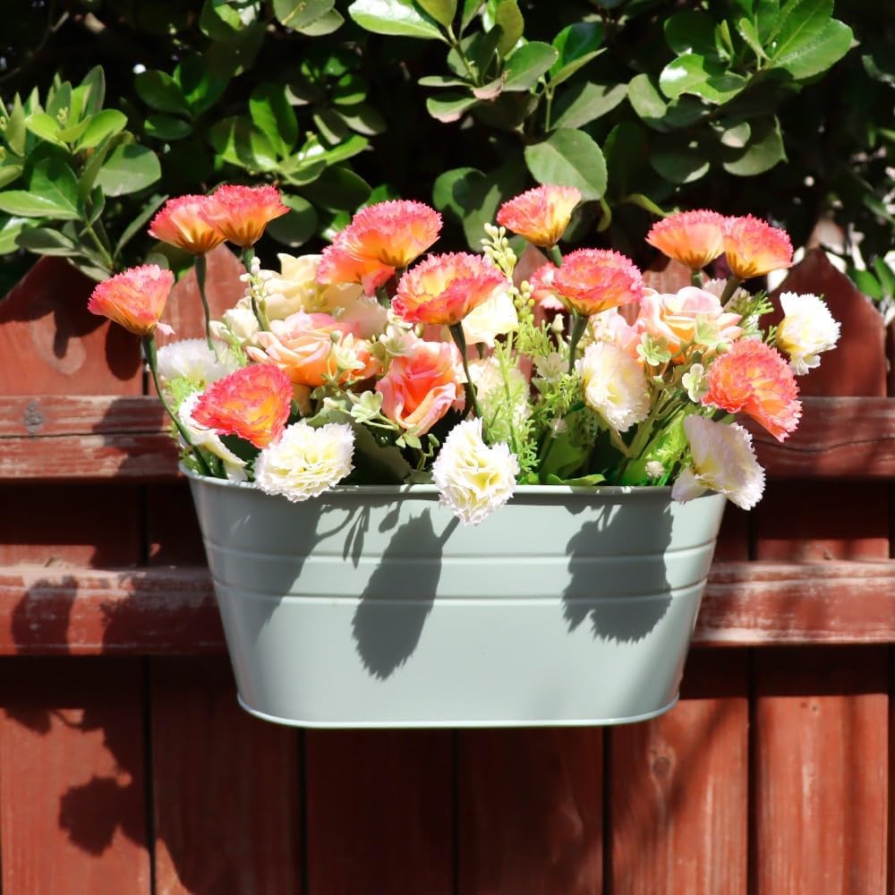 3 Pack Metal Railing Planters, 10.5" Oval Hanging Flower Pots with Detachable Hooks & Drainage Holes, Fits Rails up to