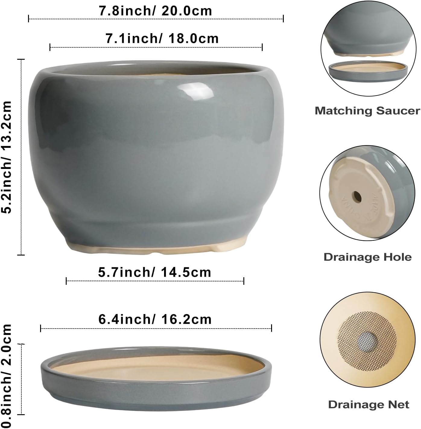 SQOWL Ceramic Pot for Plants - 8 Inch Plant Pot Indoor with Drainage Hole and Saucer, Round Planter Outdoor, Decorative
