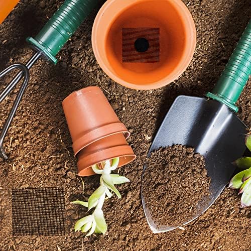 200 Pcs Plant Pot Bottom Hole Mesh Pad Cover, Keep Soil from Falling Out Drainage Hole, 2" Square Potted Bonsai Succulent Flower Planter Grid Mat Screen Gardening Gasket, with 30ft Self Watering Rope