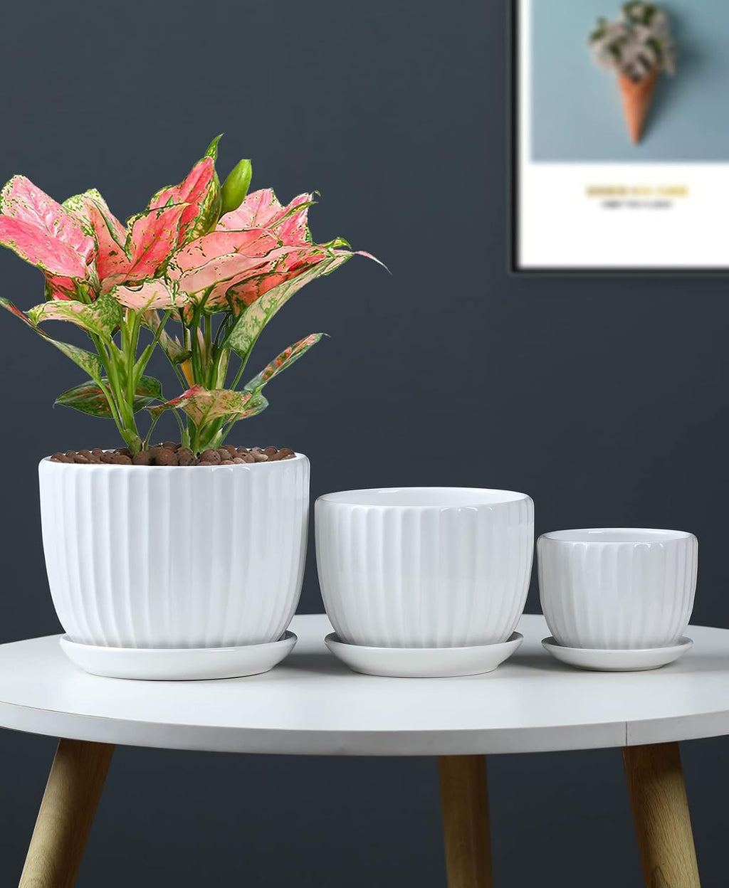 White Plant Pots,Ceramic Flower Pot Set of 3 with Drainage Holes & Saucers | Ceramic Planters for Indoor Plants