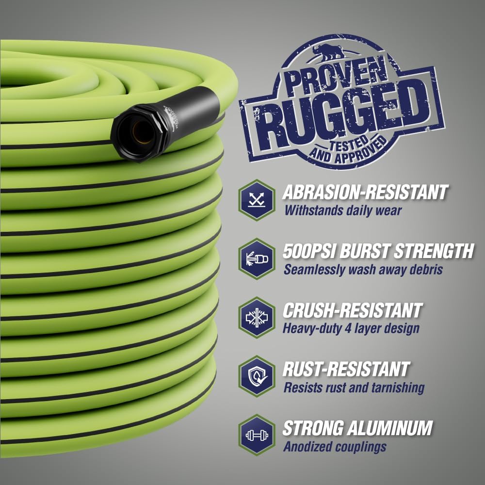 RUGGED RHINO Heavy Duty Garden Hose 100ft x 5/8in, Anti-Kink and Leakproof, Durable 4-Layer Construction, 500 PSI