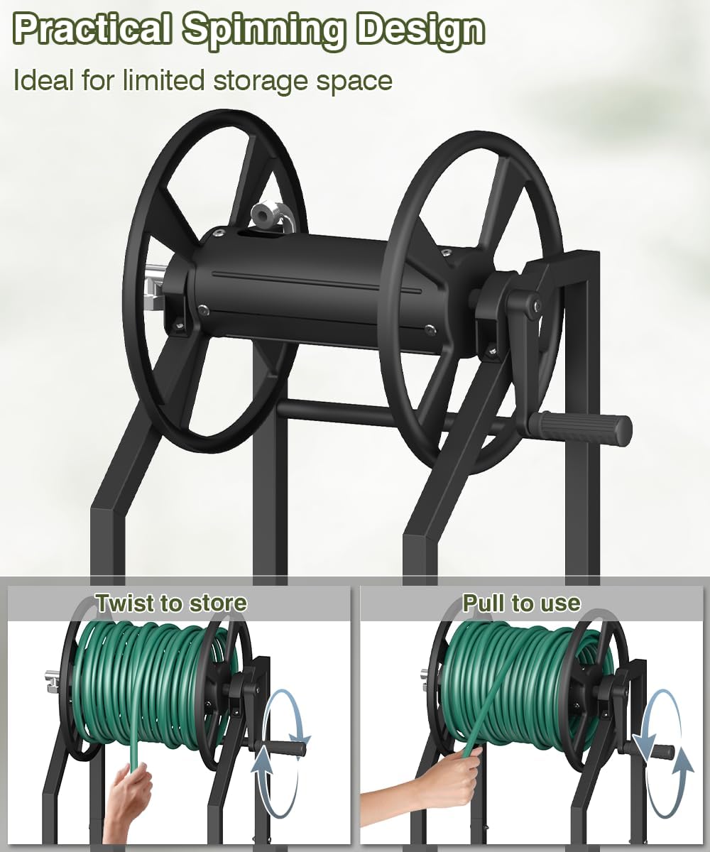 4-Spike Garden Hose Reel with 3.9ft Leader Hose & Stainless Fitting, Outdoor Hose Holder holds 125ft Hose of 5/8"