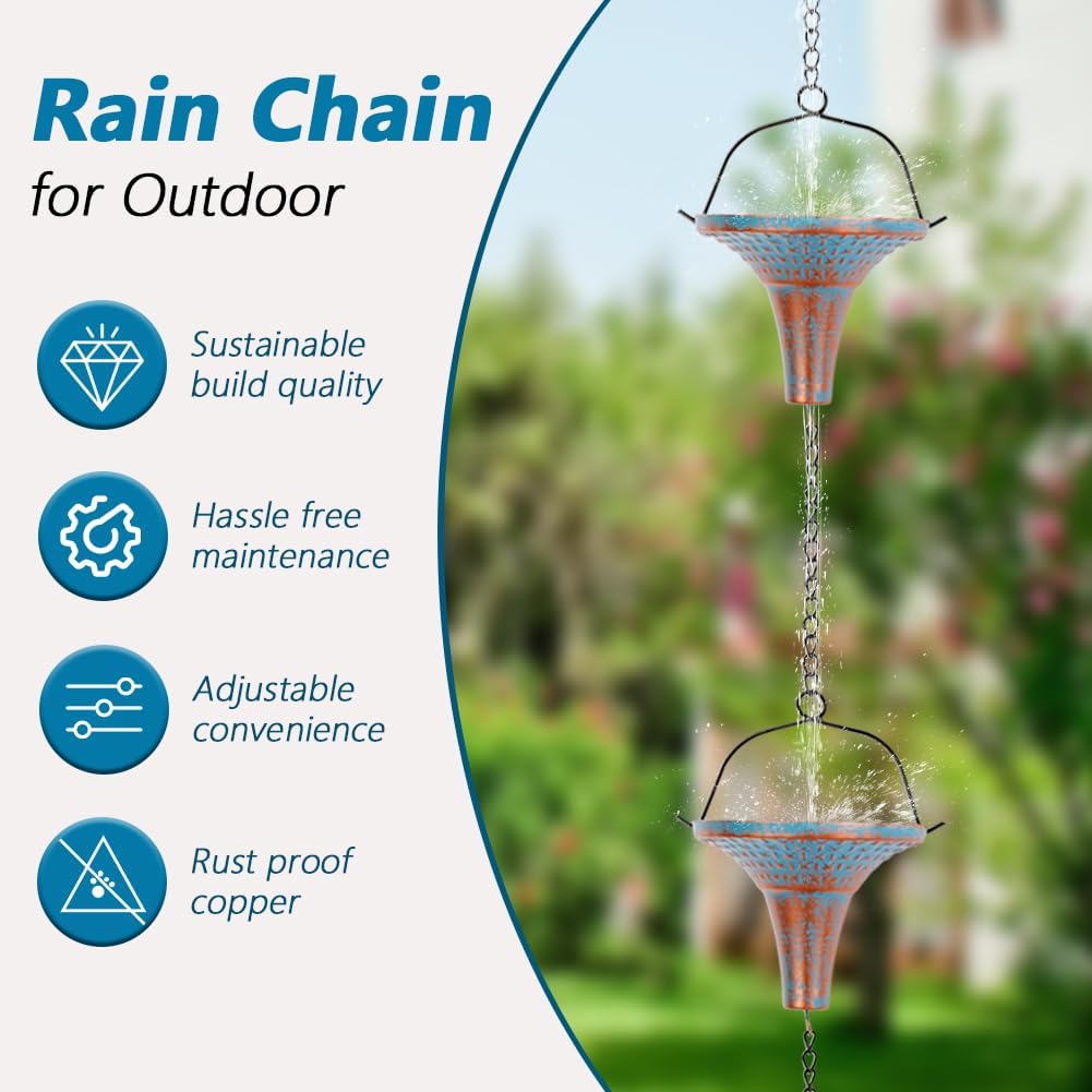 10 Ft Rain Chains for Gutters, Rain Catcher Chain for Eaves Drainage | Metal Rain Gutter Chains with 10 Blue Funnel