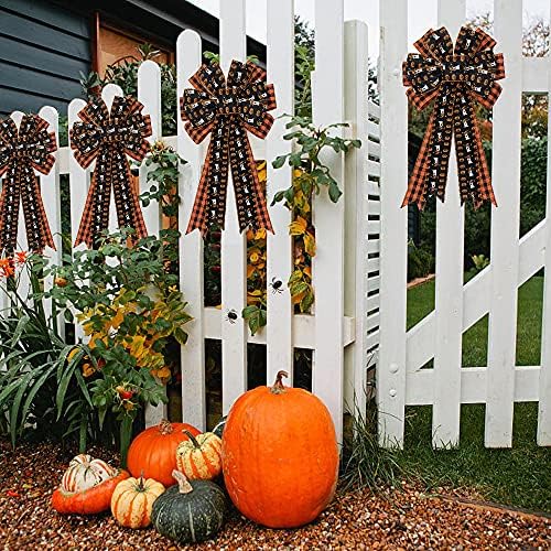 Large Black Red Buffalo Plaid Wreath Bow - Ghost Pumpkin Halloween Decoration for Indoor/Outdoor Wall/Door