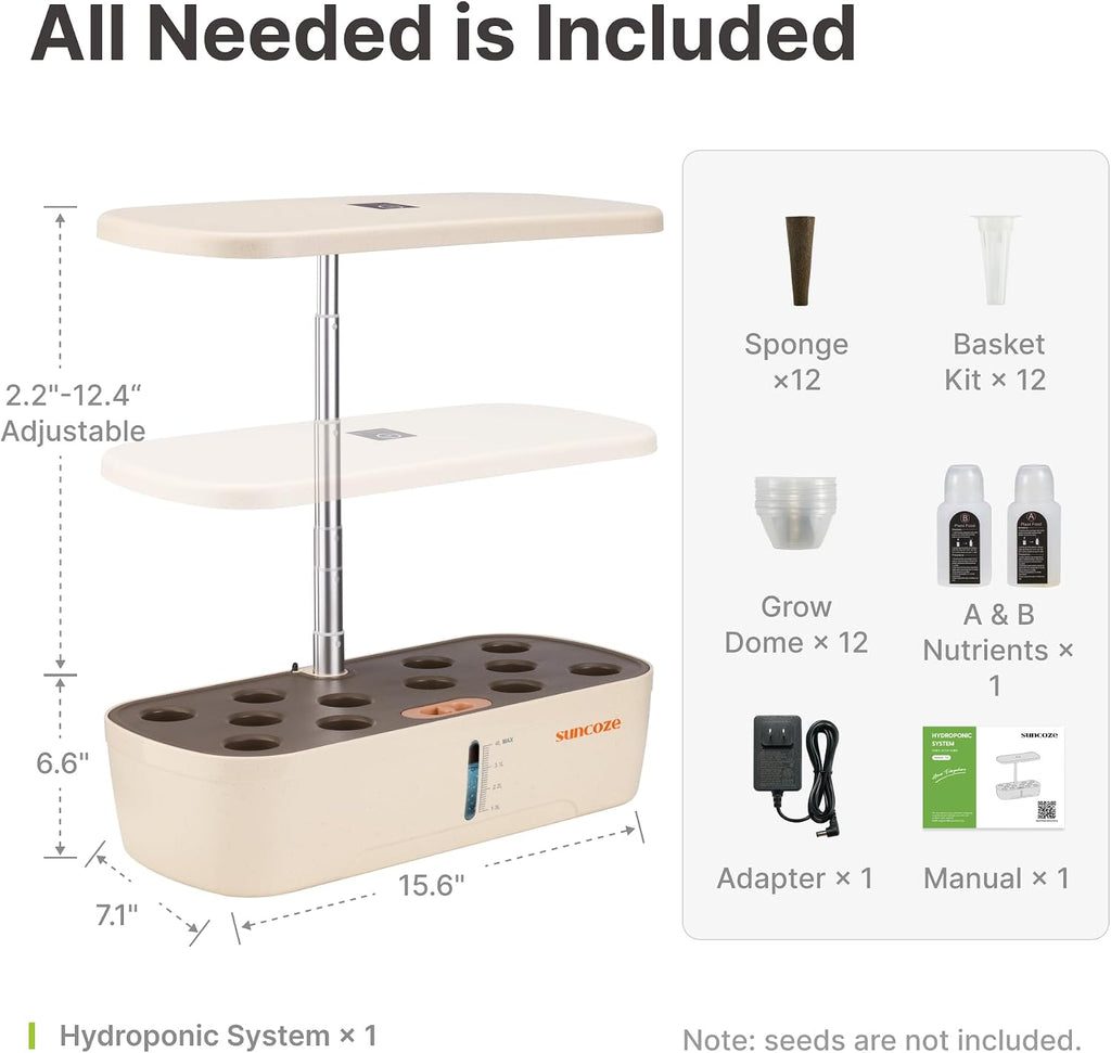 Hydroponics Growing System, 12 Pods, 12.4 in Adjustable Height | Indoor herb Garden with 20W LED Grow Light, Visible