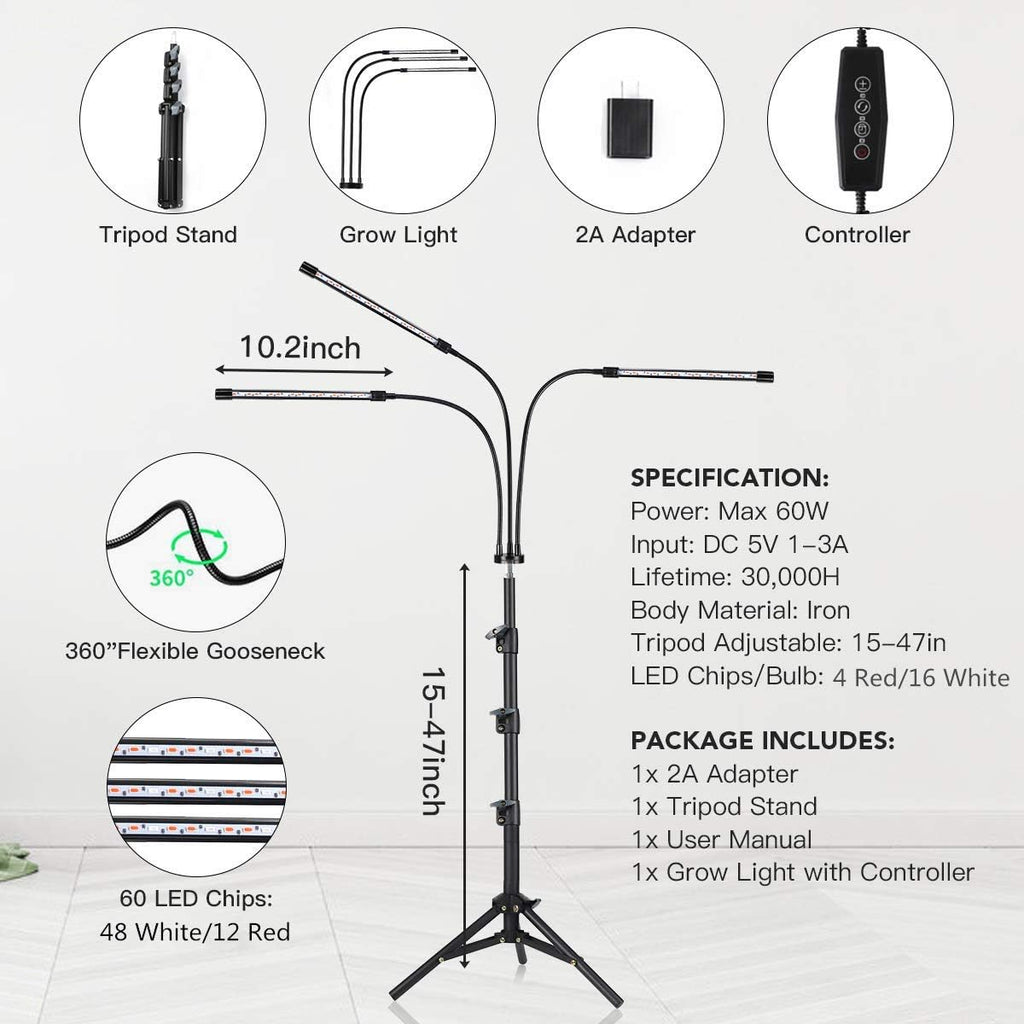 GHodec Grow Light with Stand, 60 LED 5500K Full Spectrum Floor Plant Light for Indoor Plants Growing,5 Dimmable Levels