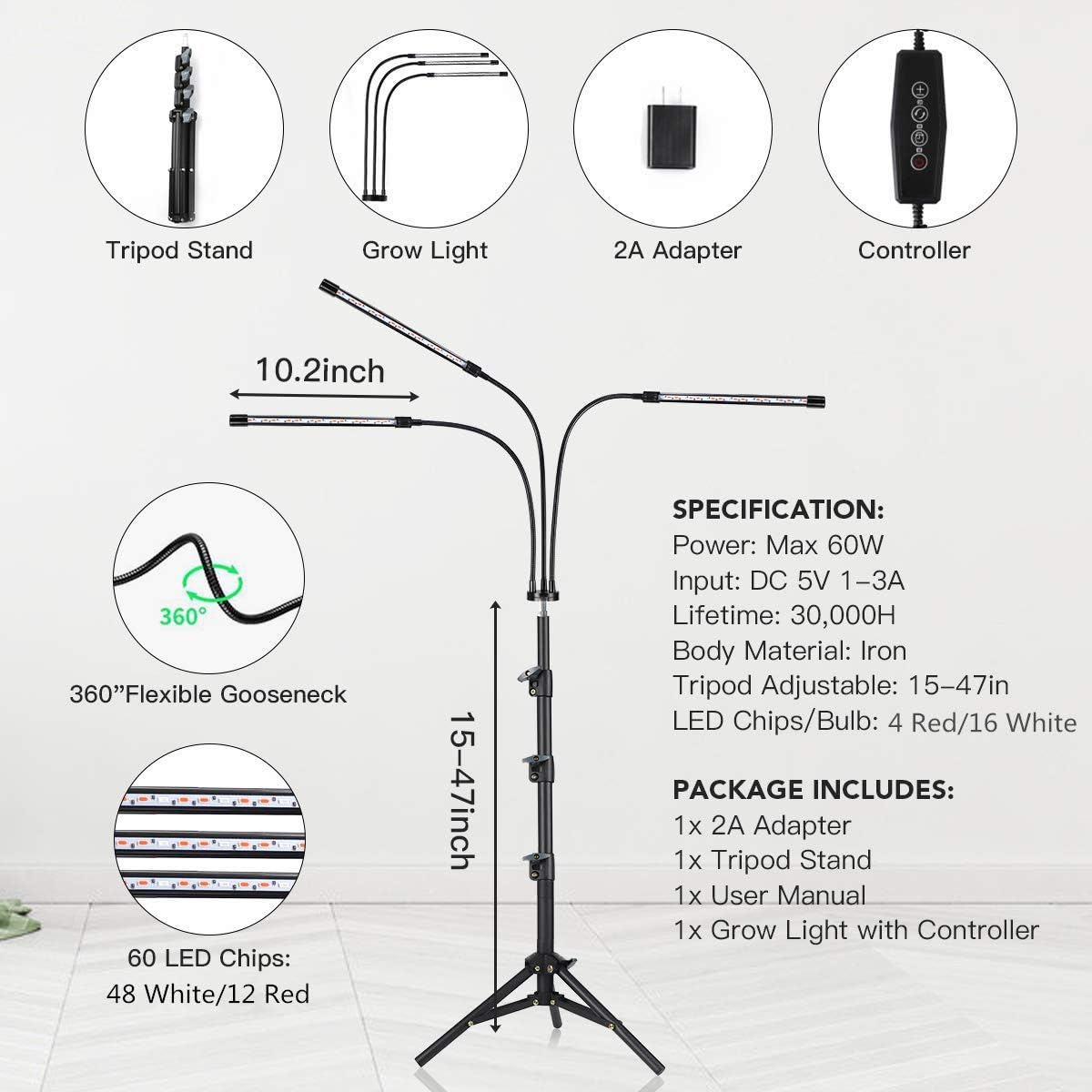 GHodec Grow Light with Stand, 60 LED 5500K Full Spectrum Floor Plant Light for Indoor Plants Growing,5 Dimmable Levels
