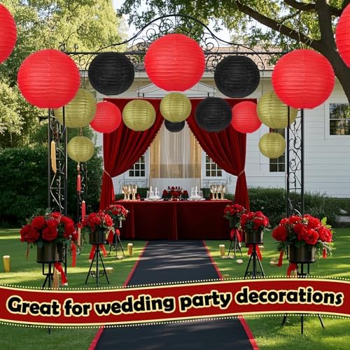 12 Pack (6" 8" 10" 12") Red Black and Gold Paper Lanterns - Hanging Round Lantern Kit for Graduation 2026, Casino Night, Red Carpet, Hollywood Theme Party, Game Night and Hibachi Party Decorations