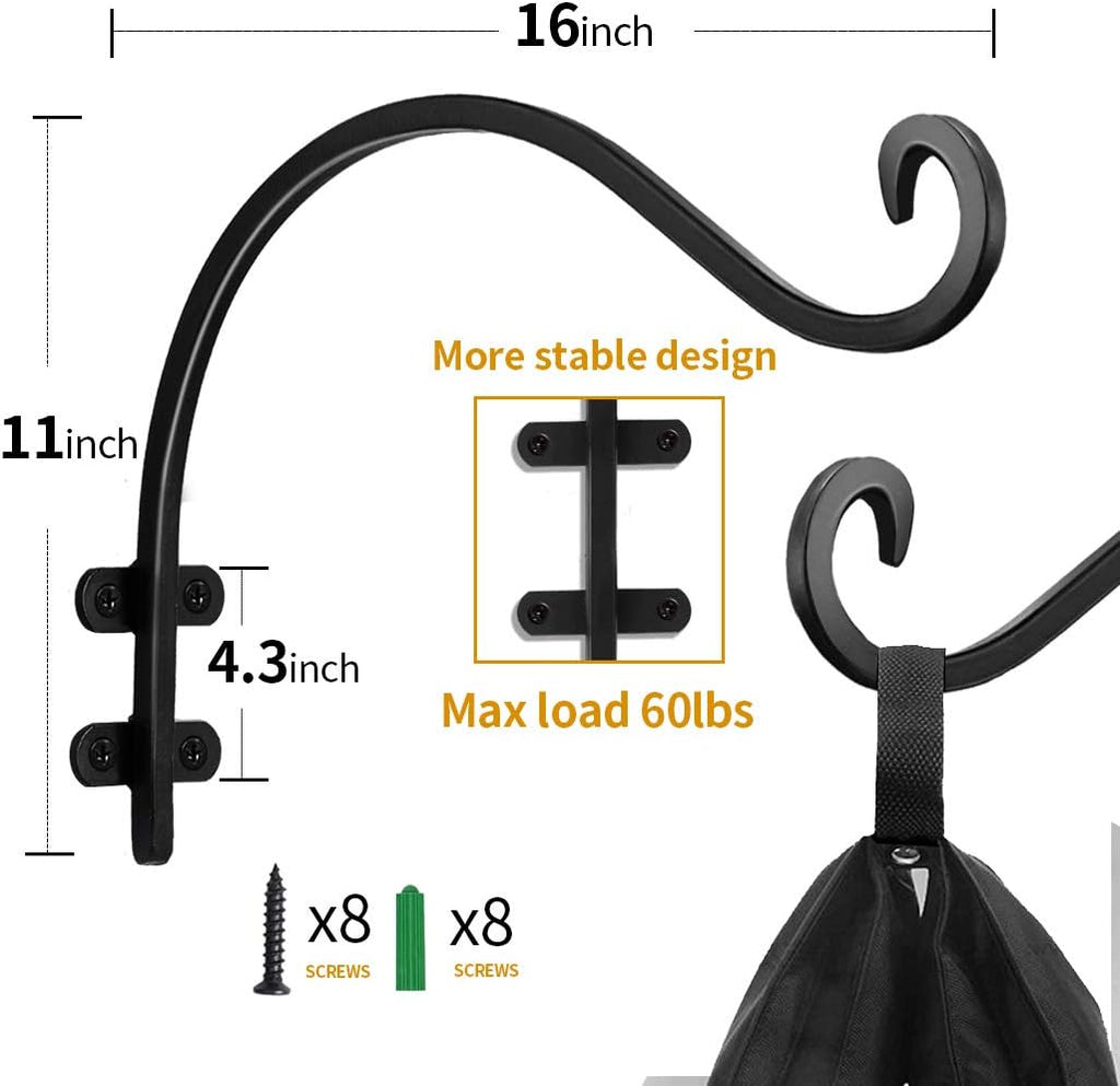 Maosen 16 Inch Plant Hangers Outdoor 2 Pack Black, Heavy Duty Plant Hanging Bracket Hook for Flowers Baskets Planter