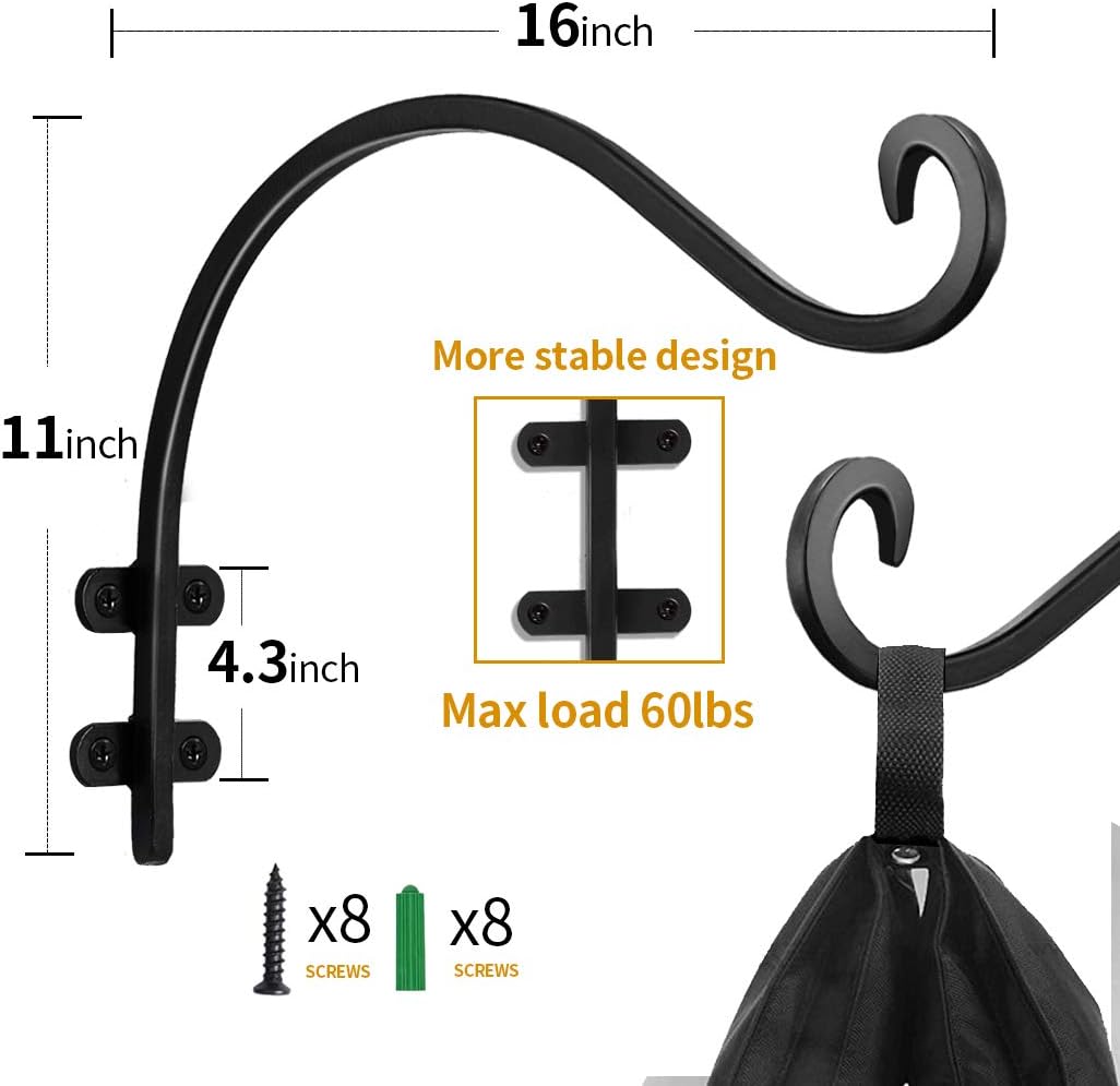 Maosen 16 Inch Plant Hangers Outdoor 2 Pack Black, Heavy Duty Plant Hanging Bracket Hook for Flowers Baskets Planter