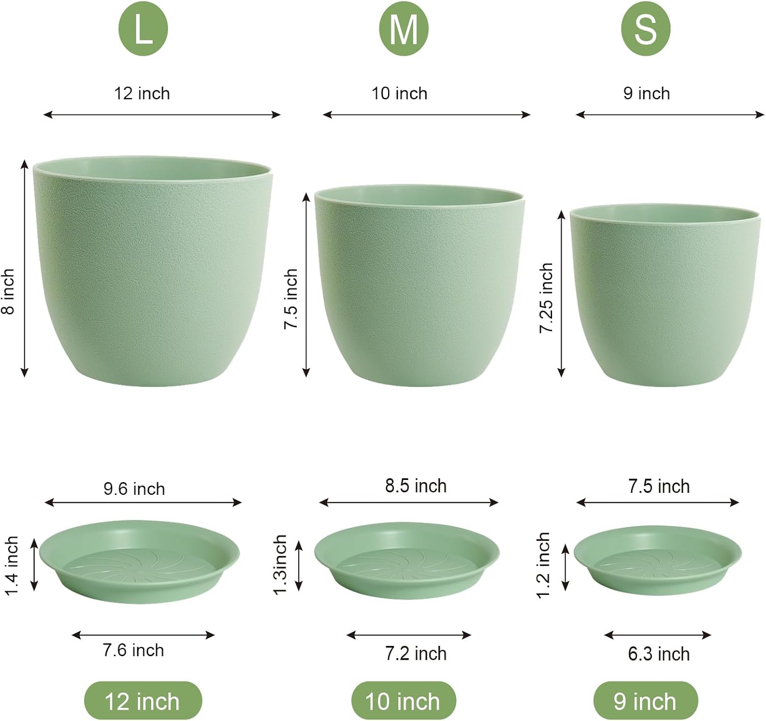 UOUZ 12/10/9 Large Modern Plant Pots, Plastic Planters with Drainage Holes and Saucers for Indoor Outdoor Plants