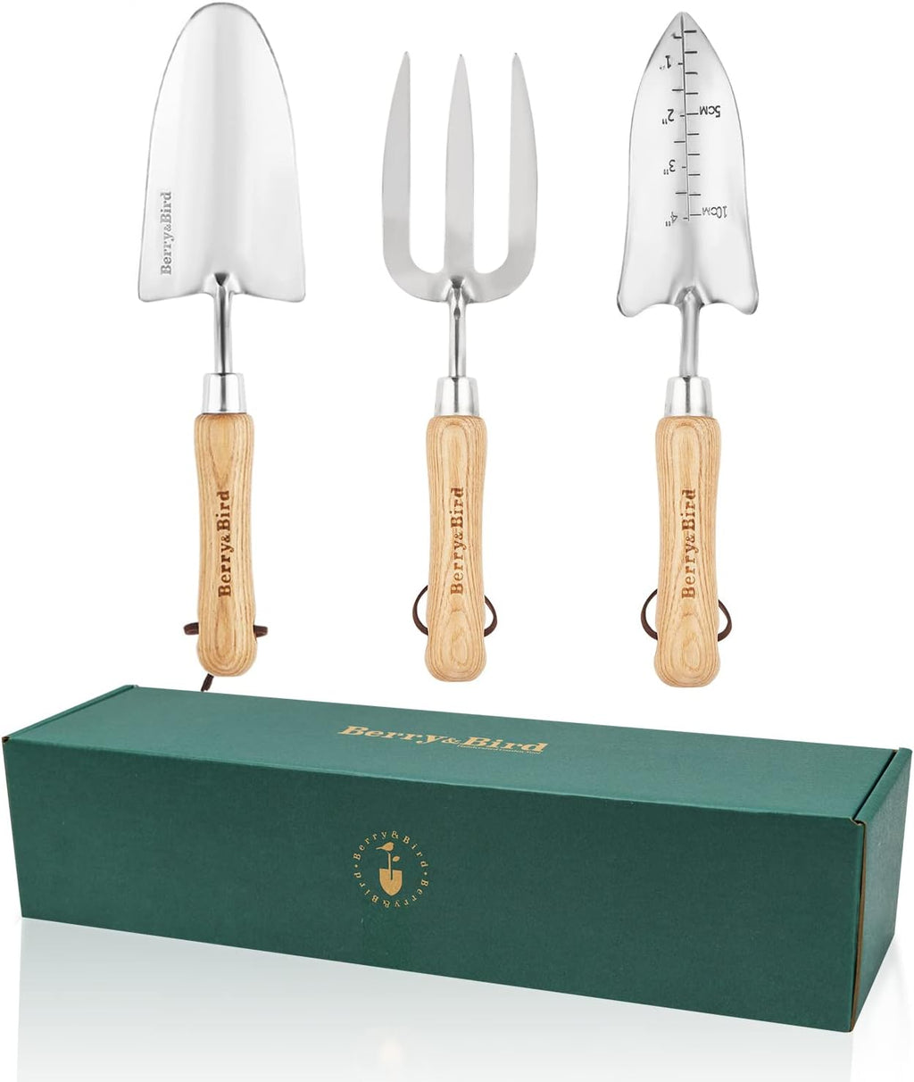 Berry&Bird Garden Tool Set- 3PCS Stainless Steel Gardening Tool Sets with Wooden Handle Trowel Weeding Fork & Digging
