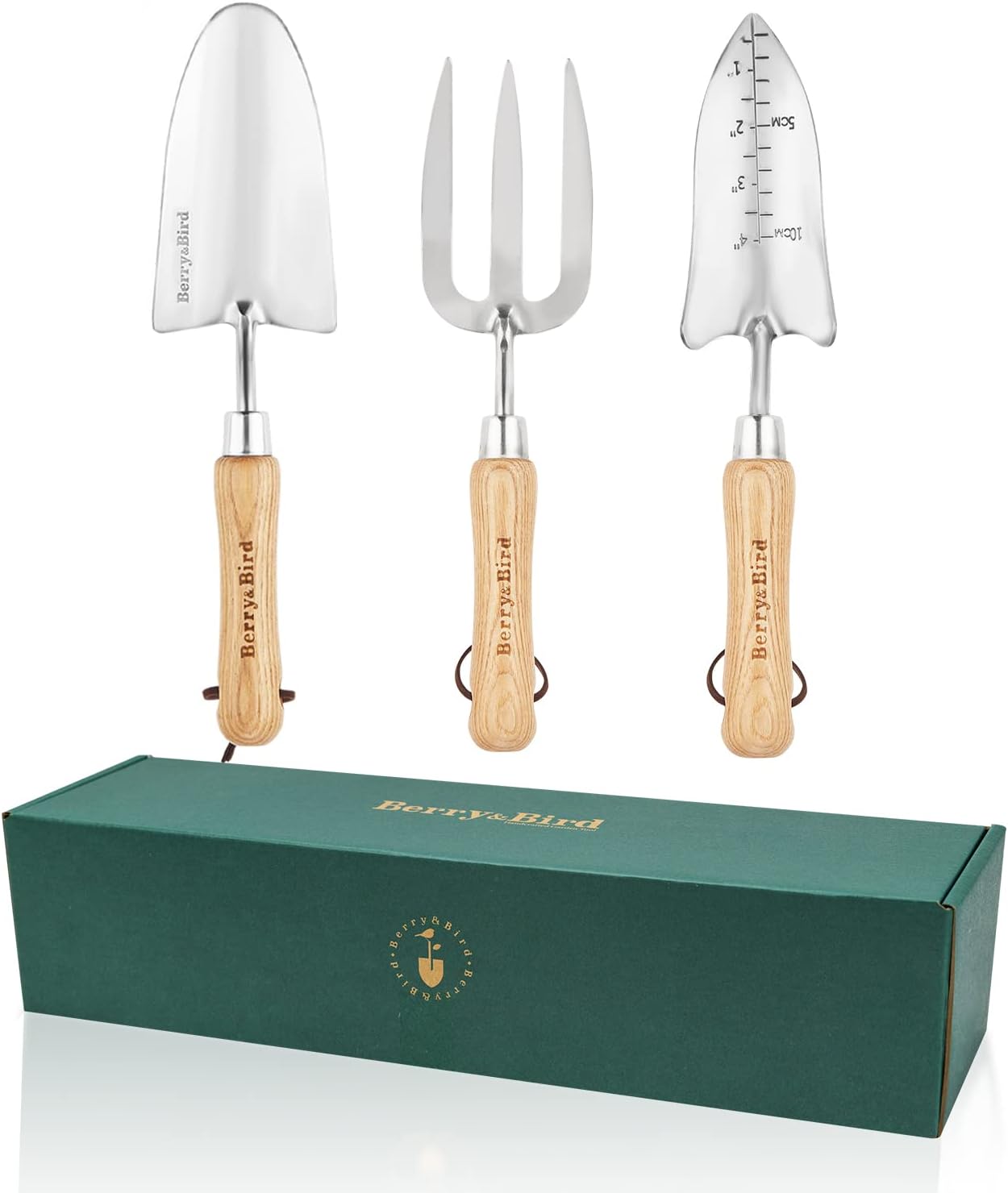 Berry&Bird Garden Tool Set- 3PCS Stainless Steel Gardening Tool Sets with Wooden Handle Trowel Weeding Fork & Digging