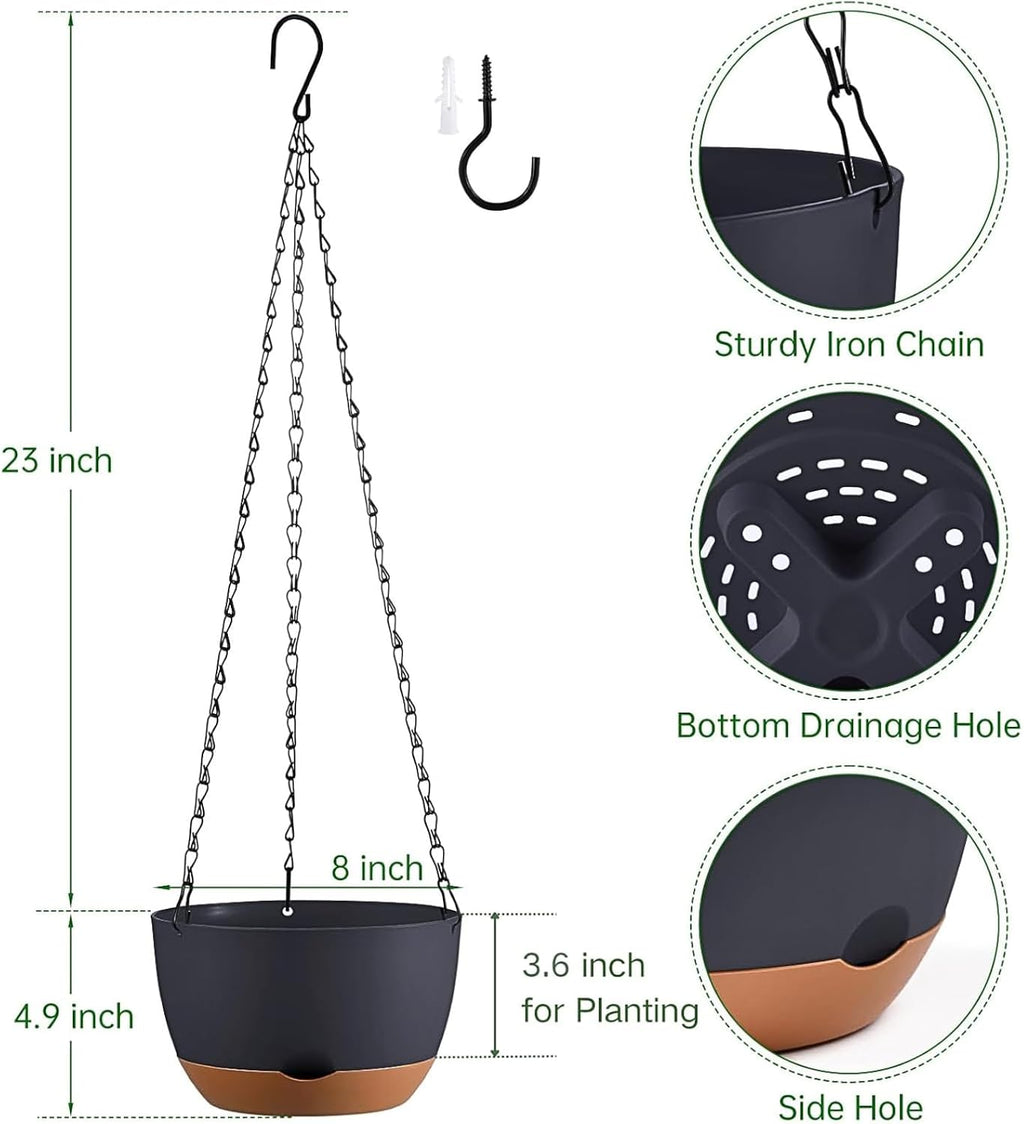 Set of 2-8 Inch Hanging Planters for Indoor Outdoor Plants | Self-Watering Hanging Flower Pots with Drainage Hole &