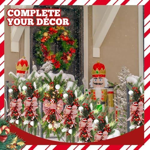 Lyrow 2 Pack 24" Christmas Stairway Swag with Lights, Red White Ribbon