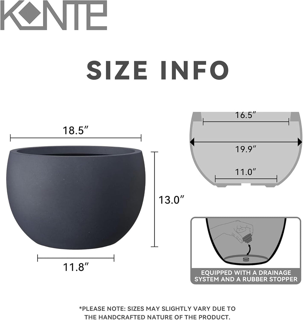 Kante Large Round Bowl Charcoal Concrete Planter 20" Dia, Outdoor | Rubber Plug for Indoor, Drainage for Garden