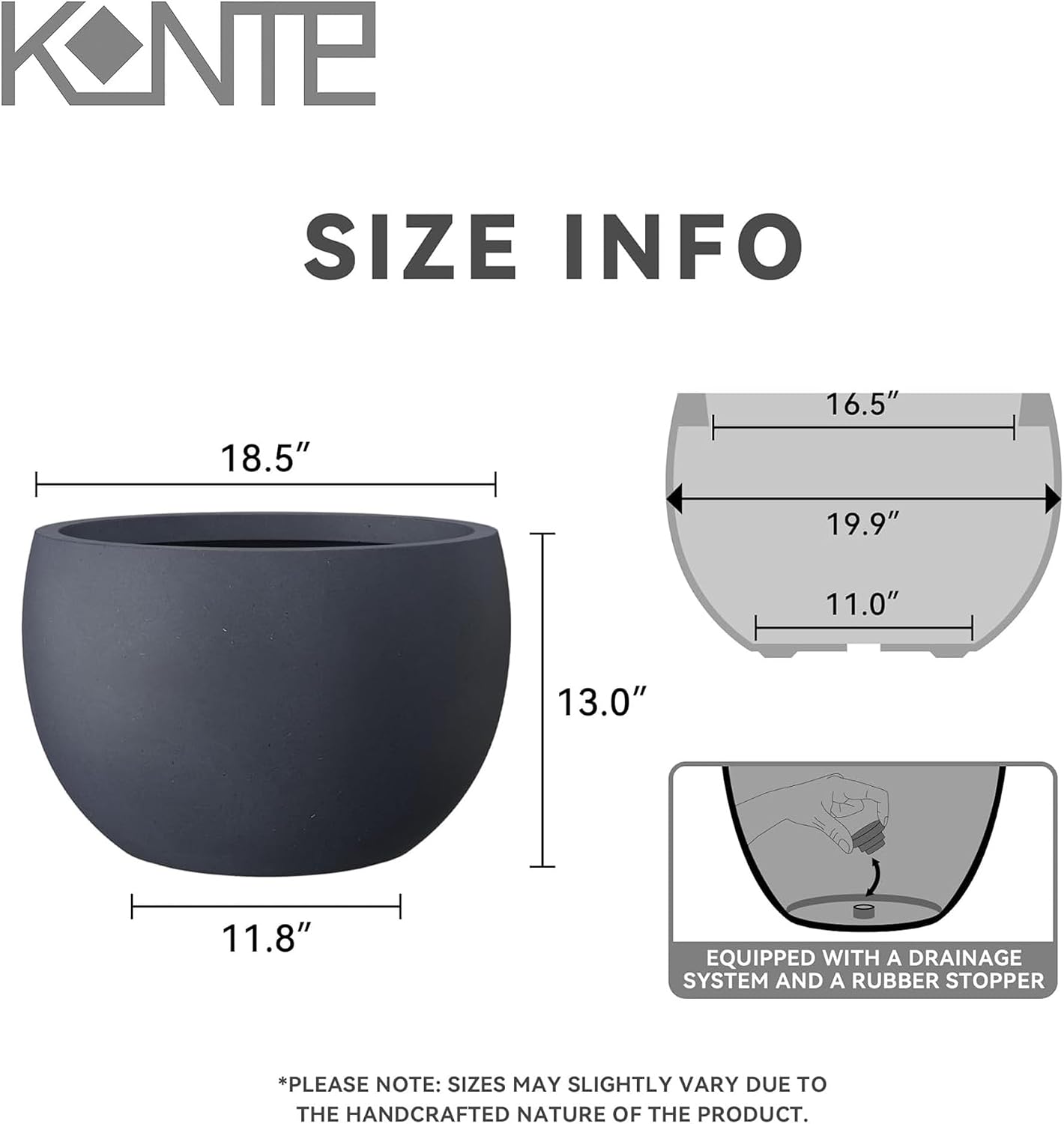 Kante Large Round Bowl Charcoal Concrete Planter 20" Dia, Outdoor | Rubber Plug for Indoor, Drainage for Garden