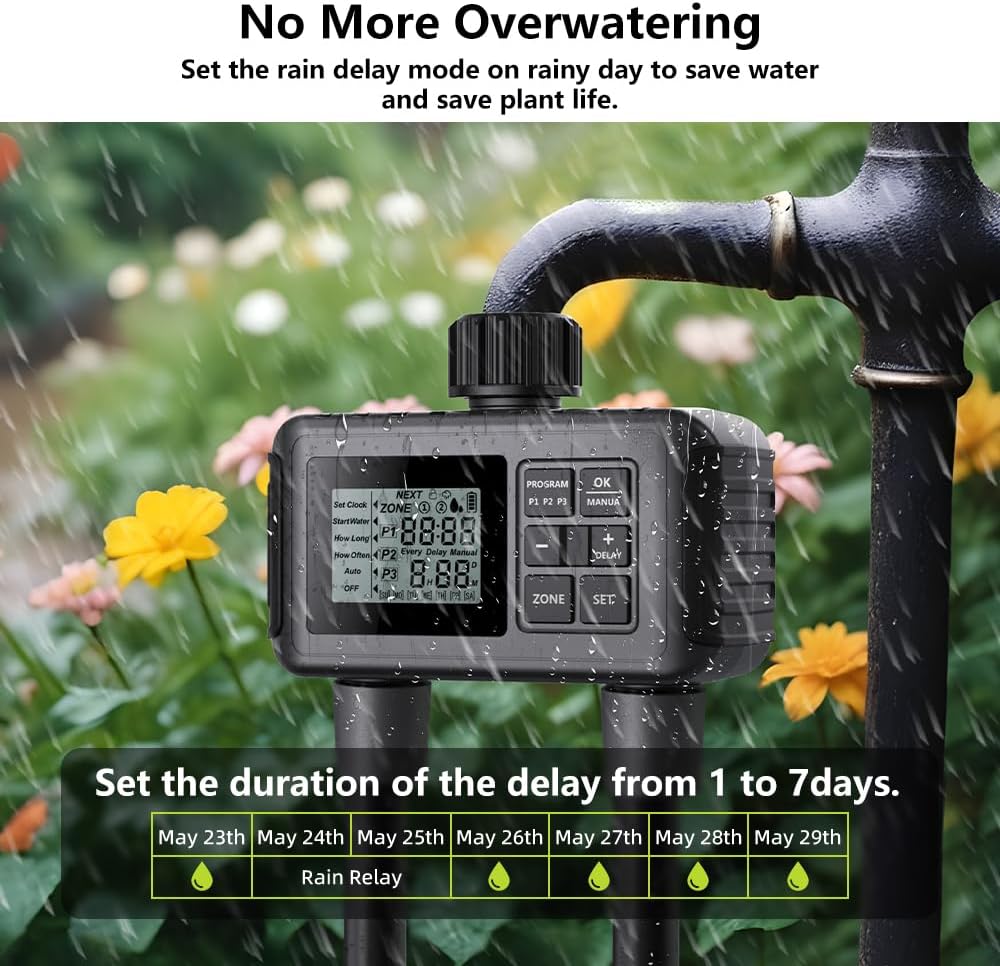 Uzoli 2-Zone Sprinkler Timer for Garden Hose, Programmable Water Timer | Automatic & Manual Mode, Rain Delay, IP55
