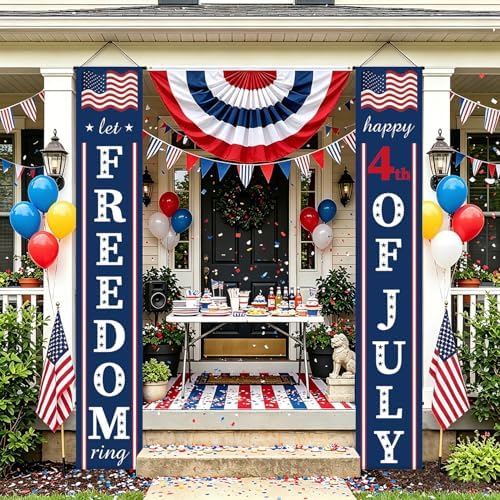 4th of July Decorations Outdoor - USA 250th Anniversary Porch Signs - 71" x 12" Patriotic July 4th Independence Day Door Banners, America 250 Years of Freedom Front Door Decorations (Freedom)