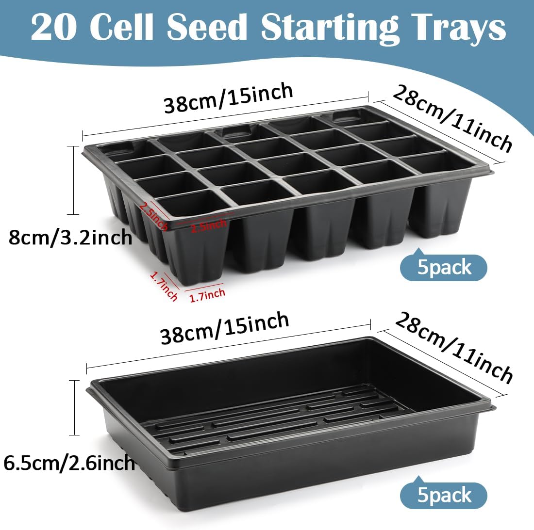 RooTrimmer 2.5 inch Square Pots 3.5 inch Deep 20 Cell Seedling Trays with Water Collection Nursery Trays (15"x11"x3")