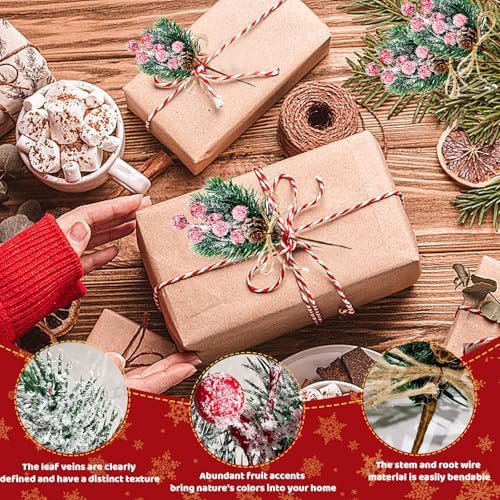 20 Pack Artificial Christmas Tree Picks Christmas Red Berries Stems Pine Branches Spray with Pinecones Holly Leaves for DIY Xmas Garland Wreath Ornaments Holiday Décor (Snowflake Berries)