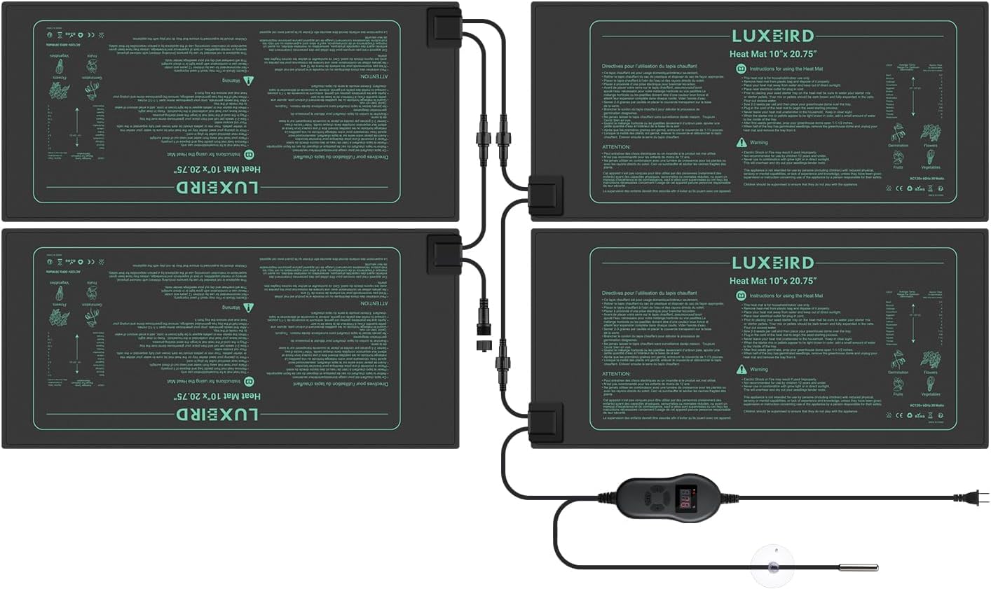 LUXBIRD 4 Pack Seedling Heat Mats with Digital Thermostat Controller, 10" x 20.75" Waterproof for Seed Starting