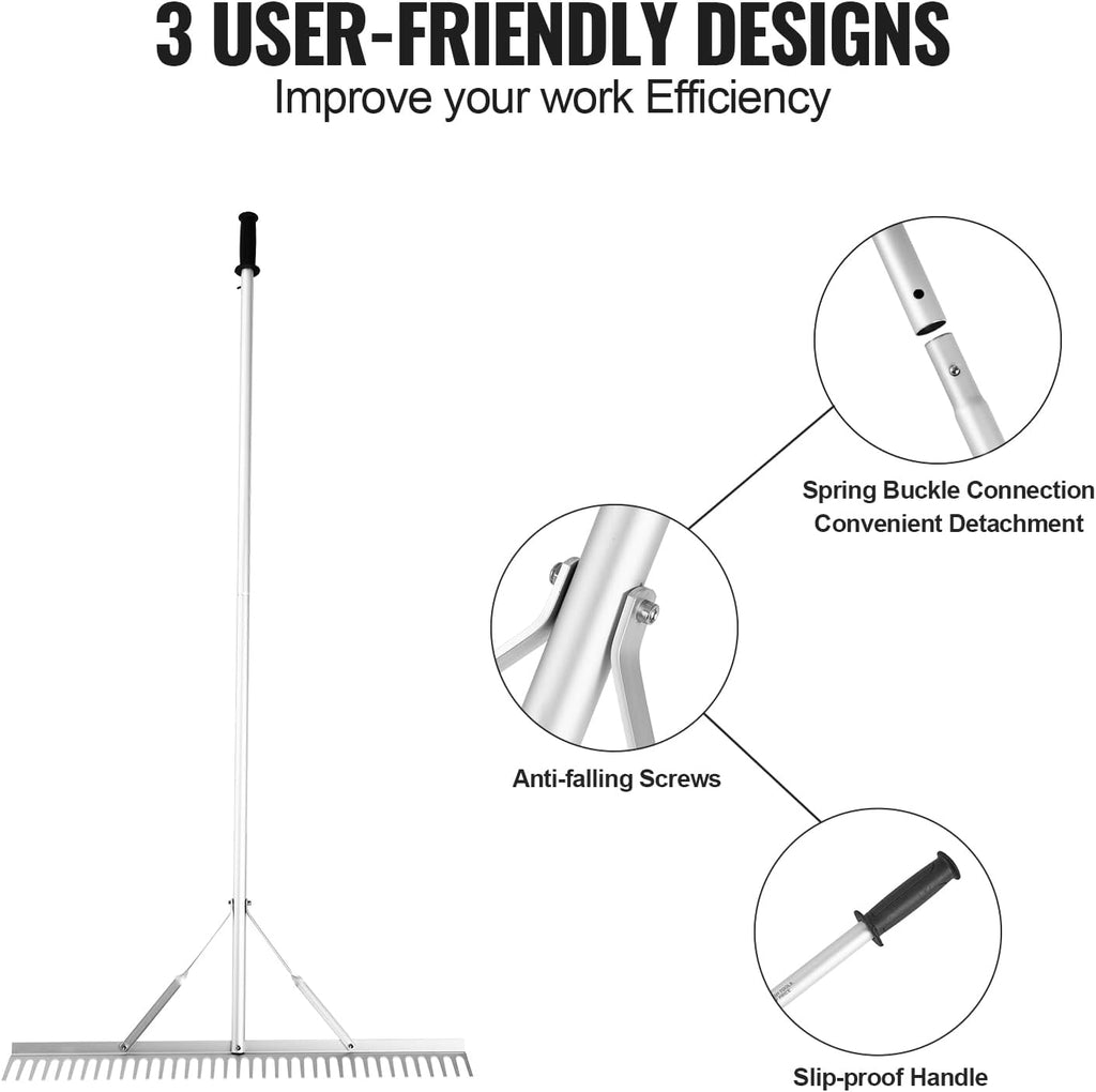 VEVOR Landscape Rake, 36" Head Aluminum Lake Weed Rake with 75" Long Handle for Loosening Soil, Lawn Care, Weeding
