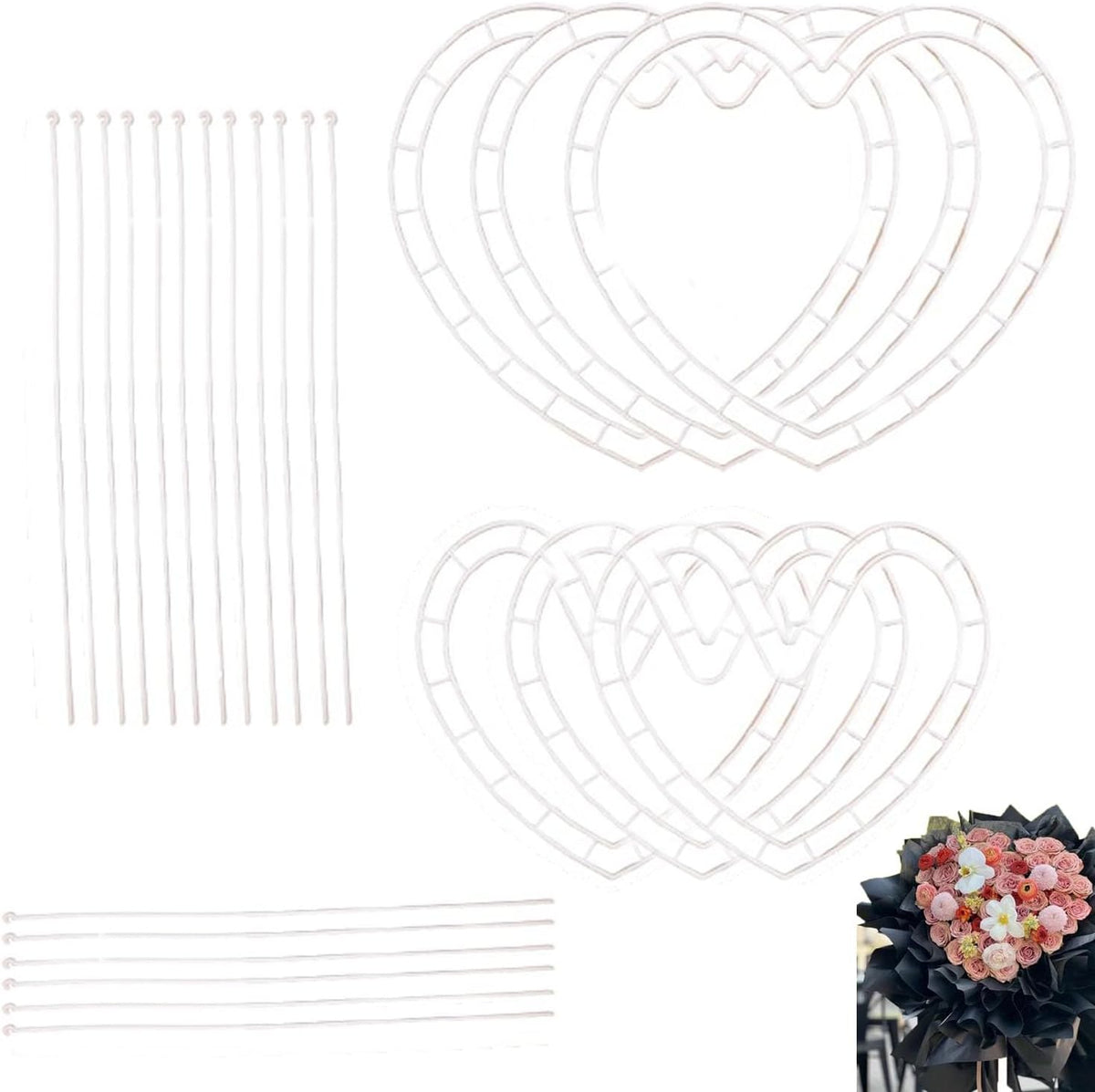 ArrErr 6 Set Flower Bouquet Shaper Heart Shape Floral Cage Rose Stem Holder Flower Arrangement Stand for Fresh Roses Her Gift Birthday Girlfriend Valentines Mothers Day Anniversary Wedding Flowers