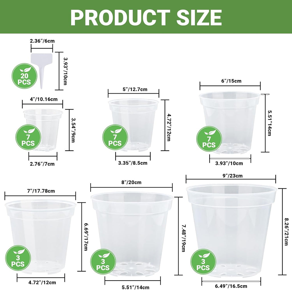 GREANER 4/5/6/7/8/9 Inch Reinforced Clear Nursery Pots, Transparent Variety Pack Plastic Nursery Pots, 30 Packs Seed