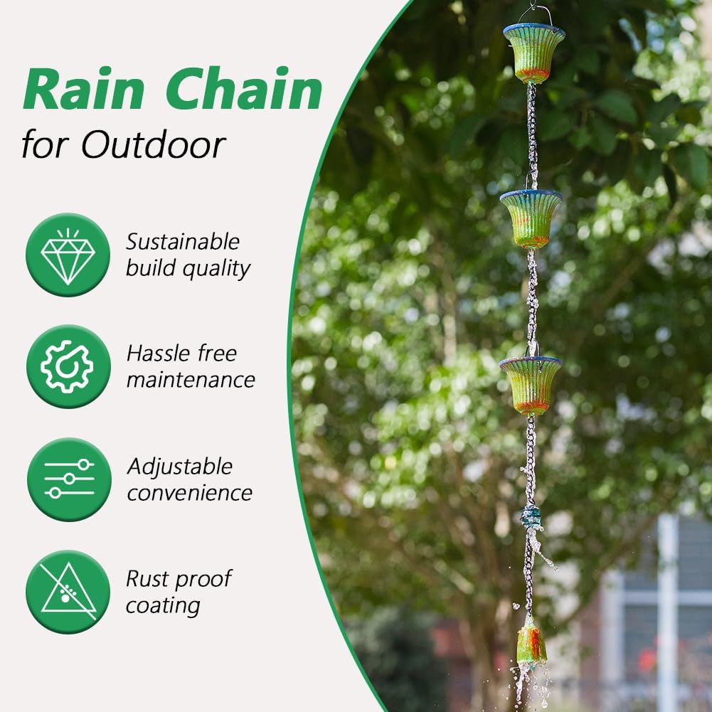 10ft Rain Chains for Outside Gutters, Eaves, Drainage | 12 Cups, Metal Rain Chain, Adjustable Length, Decorative