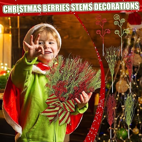 Tigeen 48 Pcs Christmas Tree Picks Glitter Curly Berry Stems,Red Green