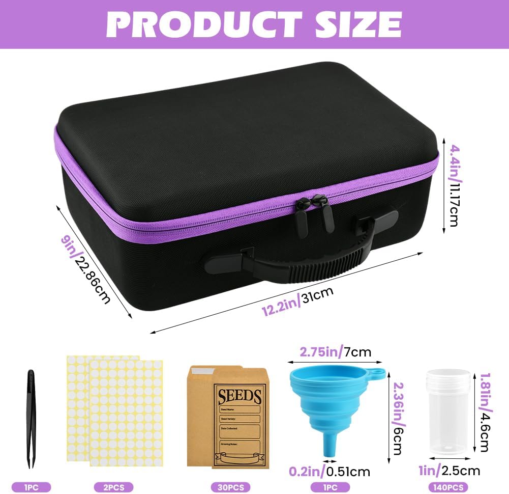 Seed Storage Organizer Box with 140 Slots and Plastic Bottles, Portable Garden Seed Vault Kit with