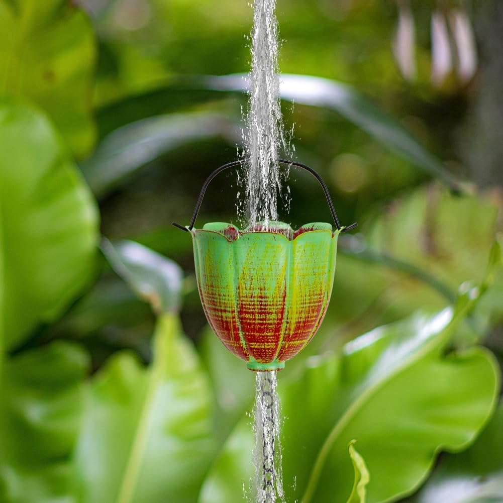 Rain Chains for Outside, 10FT Rain Water Chain with 12 Lily Cups | Adjustable Rain Gutter Chain with Bell for Eaves