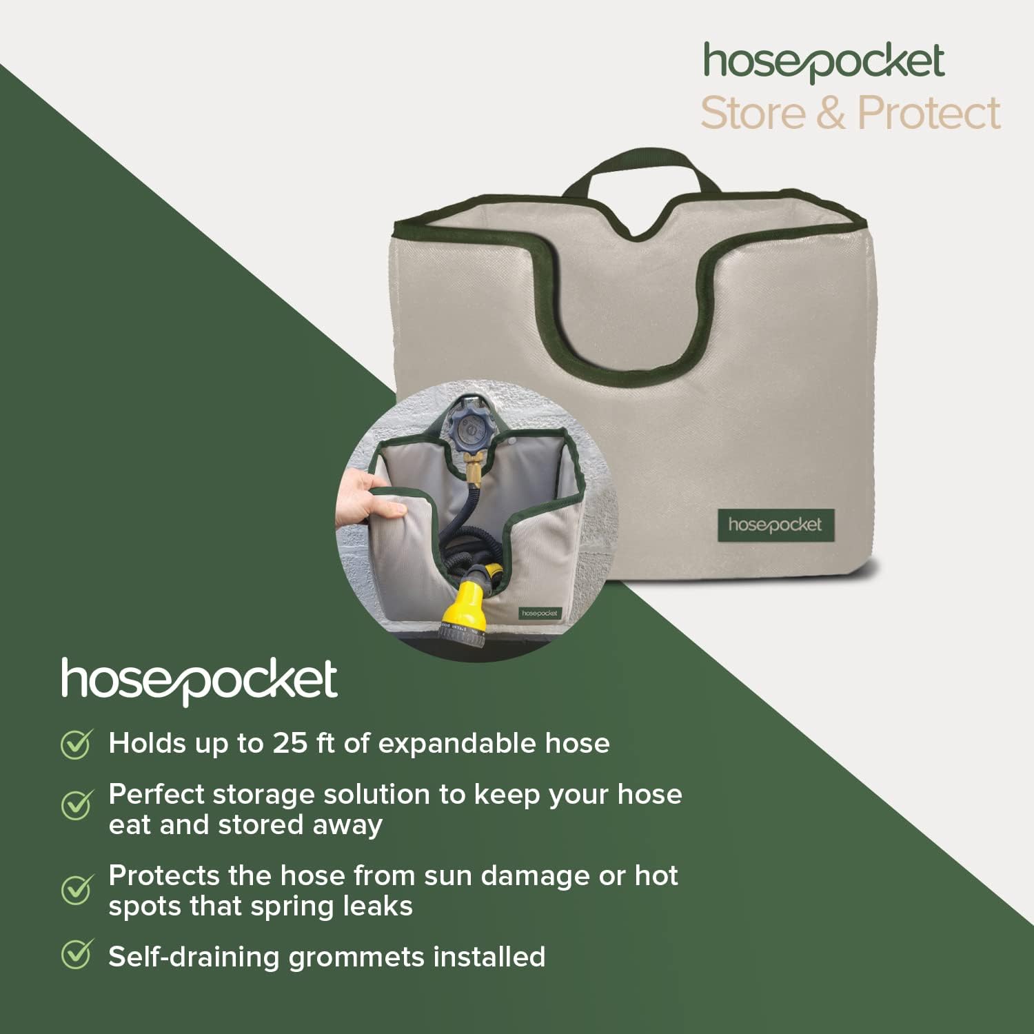 Expandable Garden Hose Holder by Hose Pocket – Store Your Expandable Garden Hose Neatly and Simply – Size Small