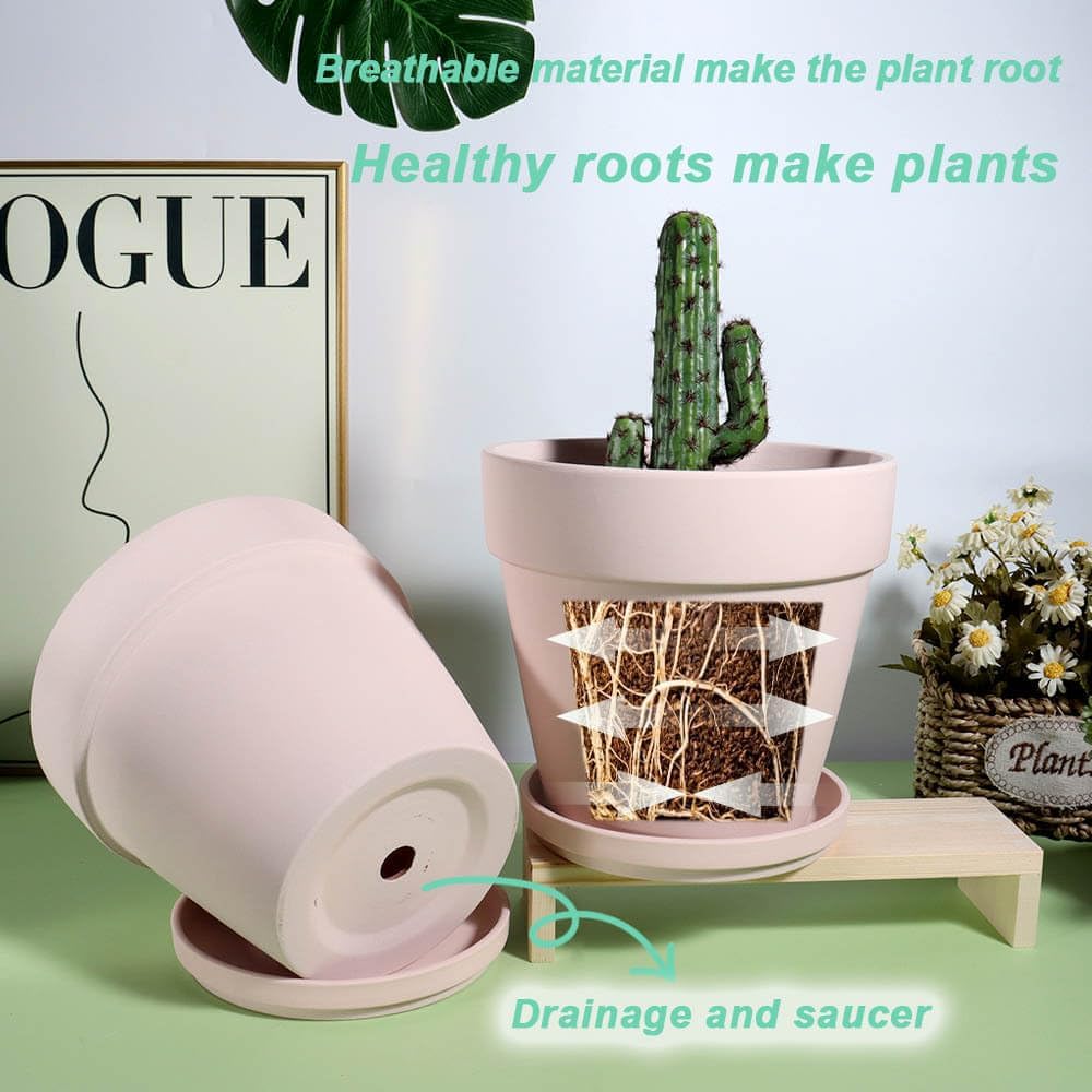 6 Inch Pink Terracotta & Clay Pots with Saucer, 4 Pack | Medium Terra Cotta Planter with Drainage, Flowerpot for Indoor