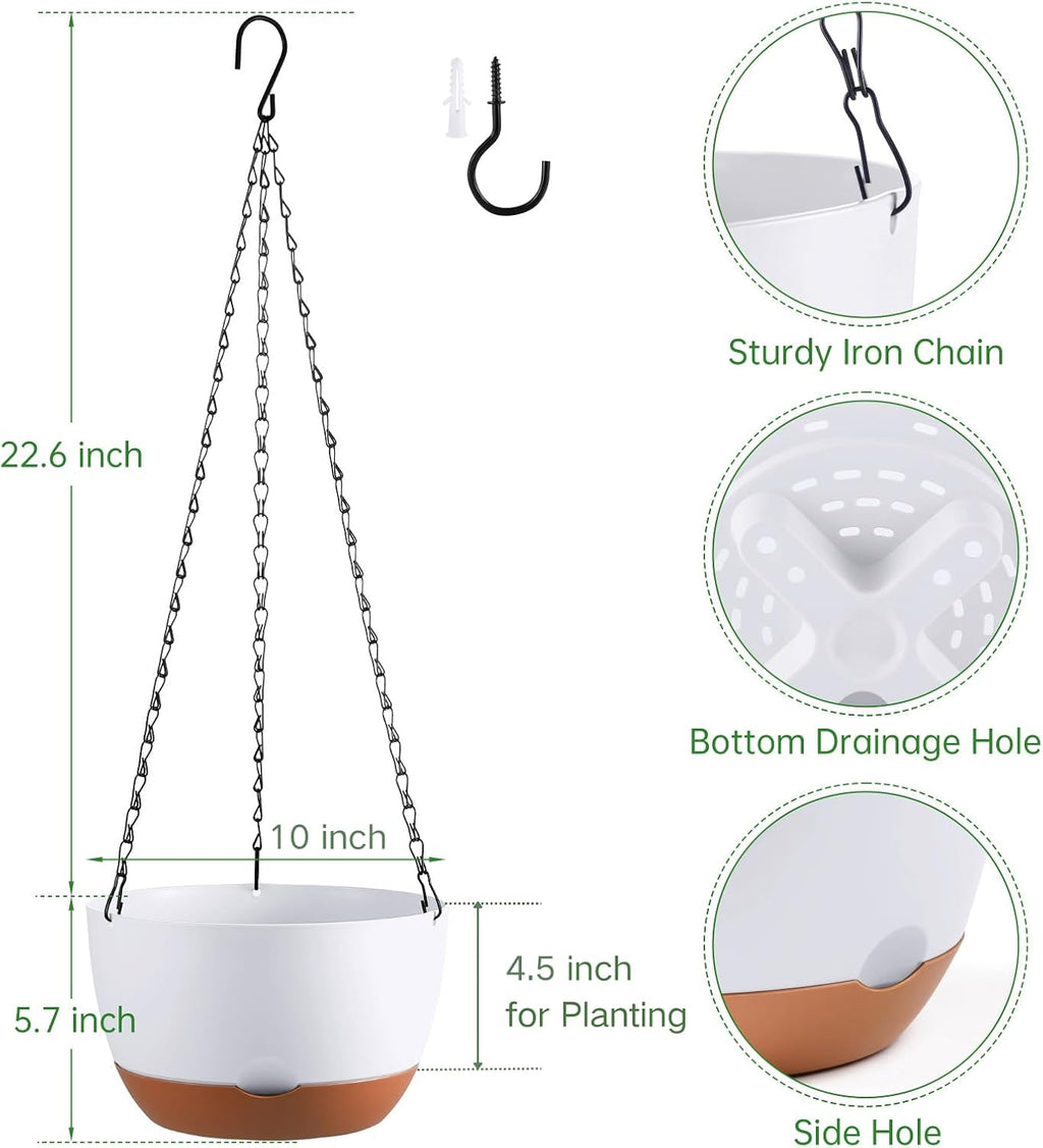 Set of 2-10 Inch Hanging Planters for Indoor Outdoor Plants | Self-Watering Hanging Flower Pots with Drainage Hole &