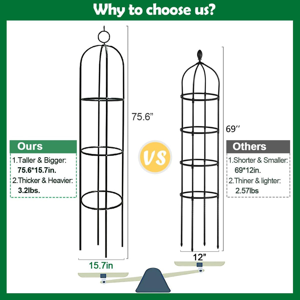 Tower Obelisk Garden Trellis 100% Metal 6.3 Feet Tall Plant Support for Climbing Vines and Flowers Stands,Black Green