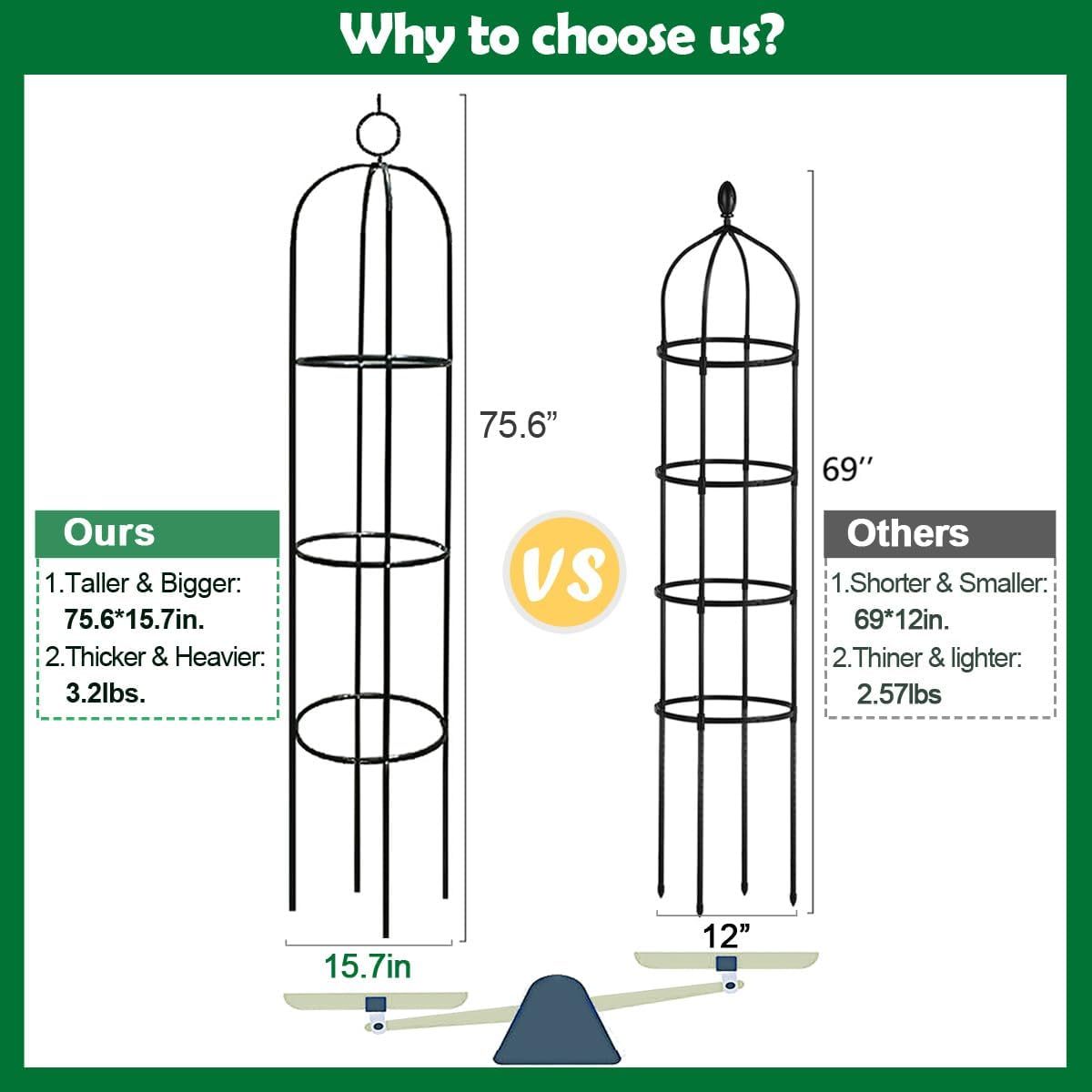 Tower Obelisk Garden Trellis 100% Metal 6.3 Feet Tall Plant Support for Climbing Vines and Flowers Stands,Black Green