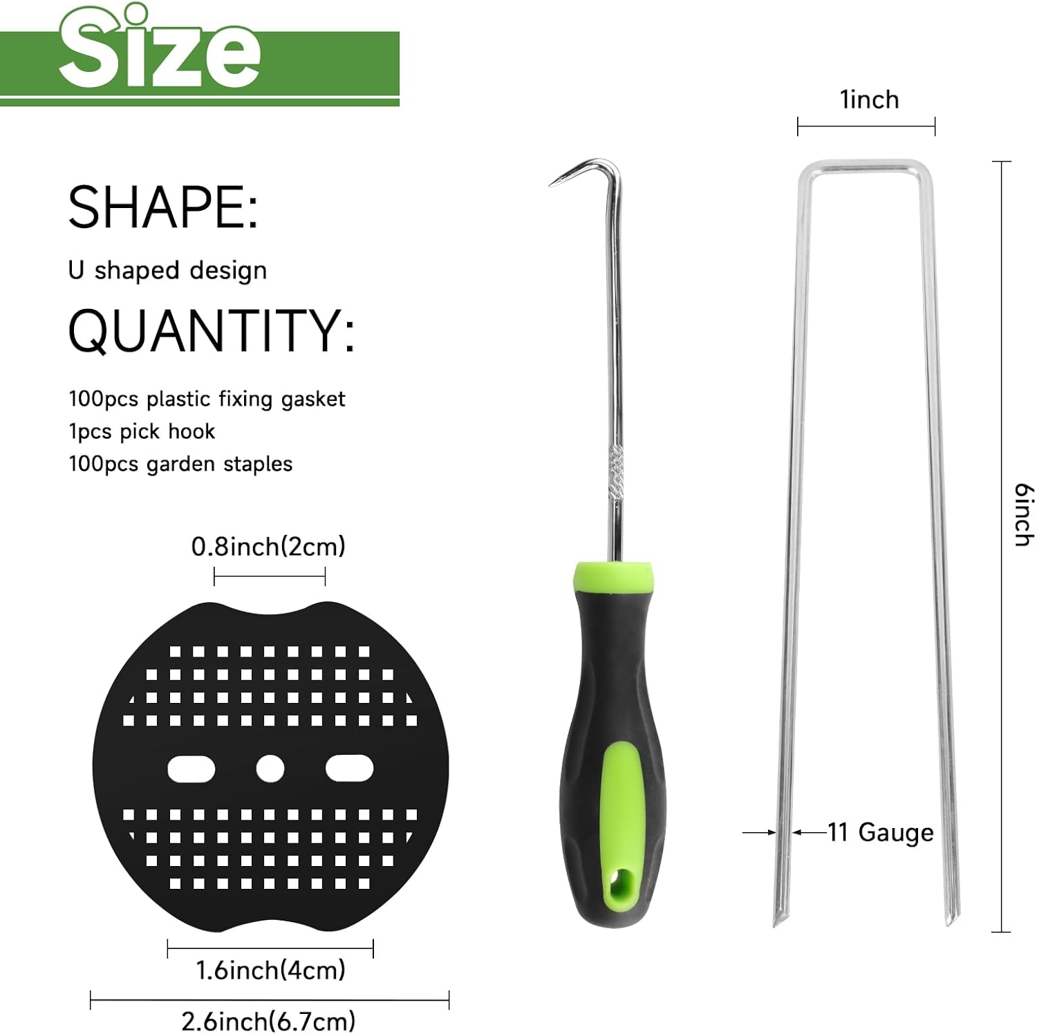 JELNER Garden Stakes,6 Inch 11 Gauge 100pcs Galvanized Landscape Staples + 100pcs Gaskets + 1Pick Hook, Tent Stakes