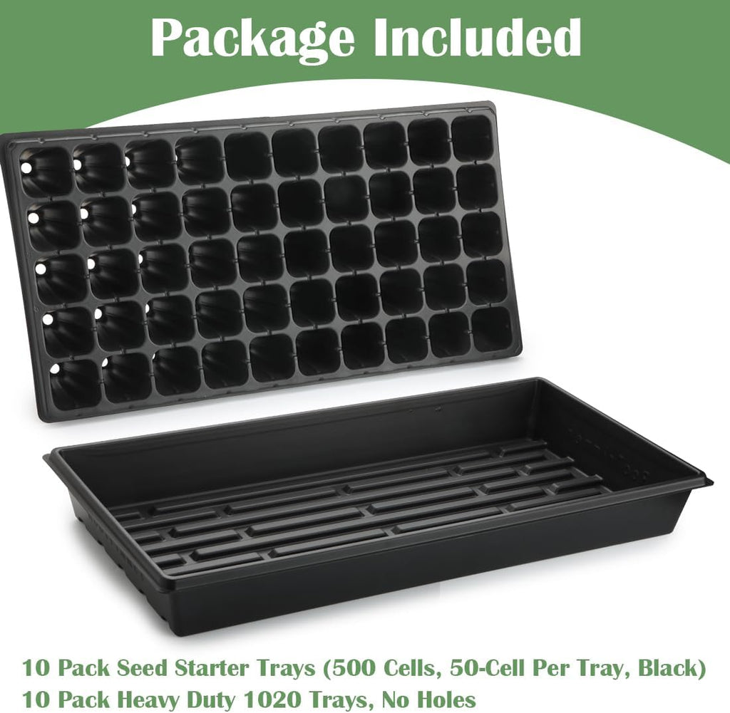 RooTrimmer 10 Pack 1020 Trays and 10 Pack 3.5" Deep 50 Cell Seed Starter Trays, 20" x 10" - Durable Plastic Nursery